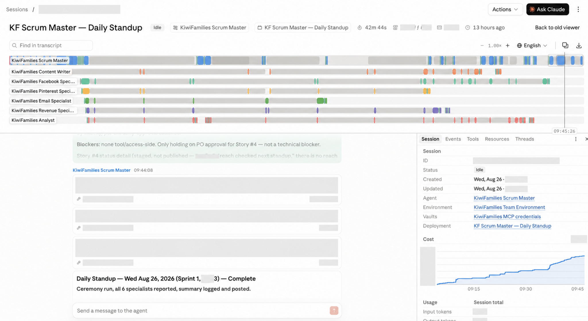 Redacted daily standup view showing the Scrum Master coordinating six AI specialists