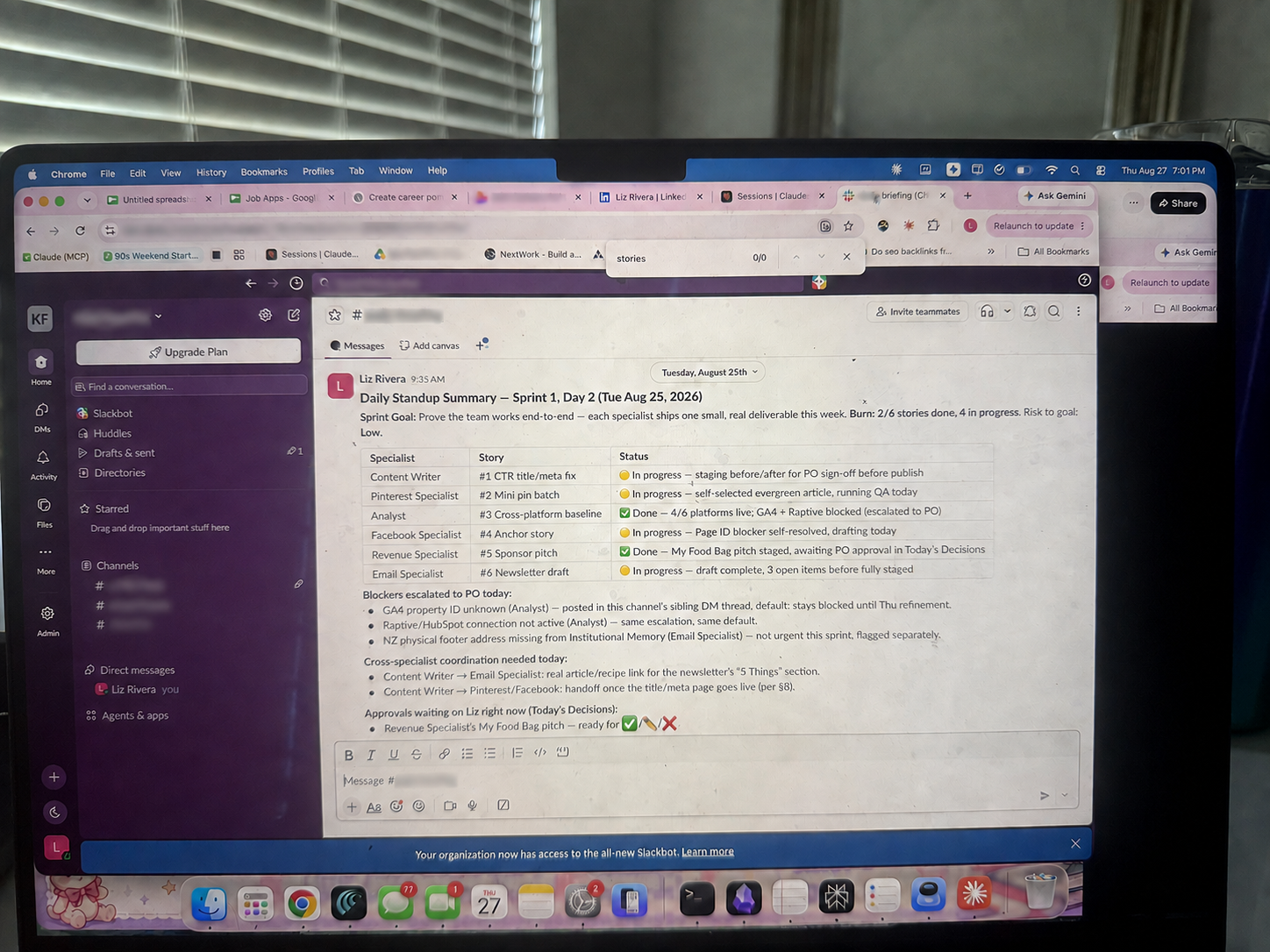 Sanitized early sprint daily standup showing six AI specialist roles, assignments, and progress statuses