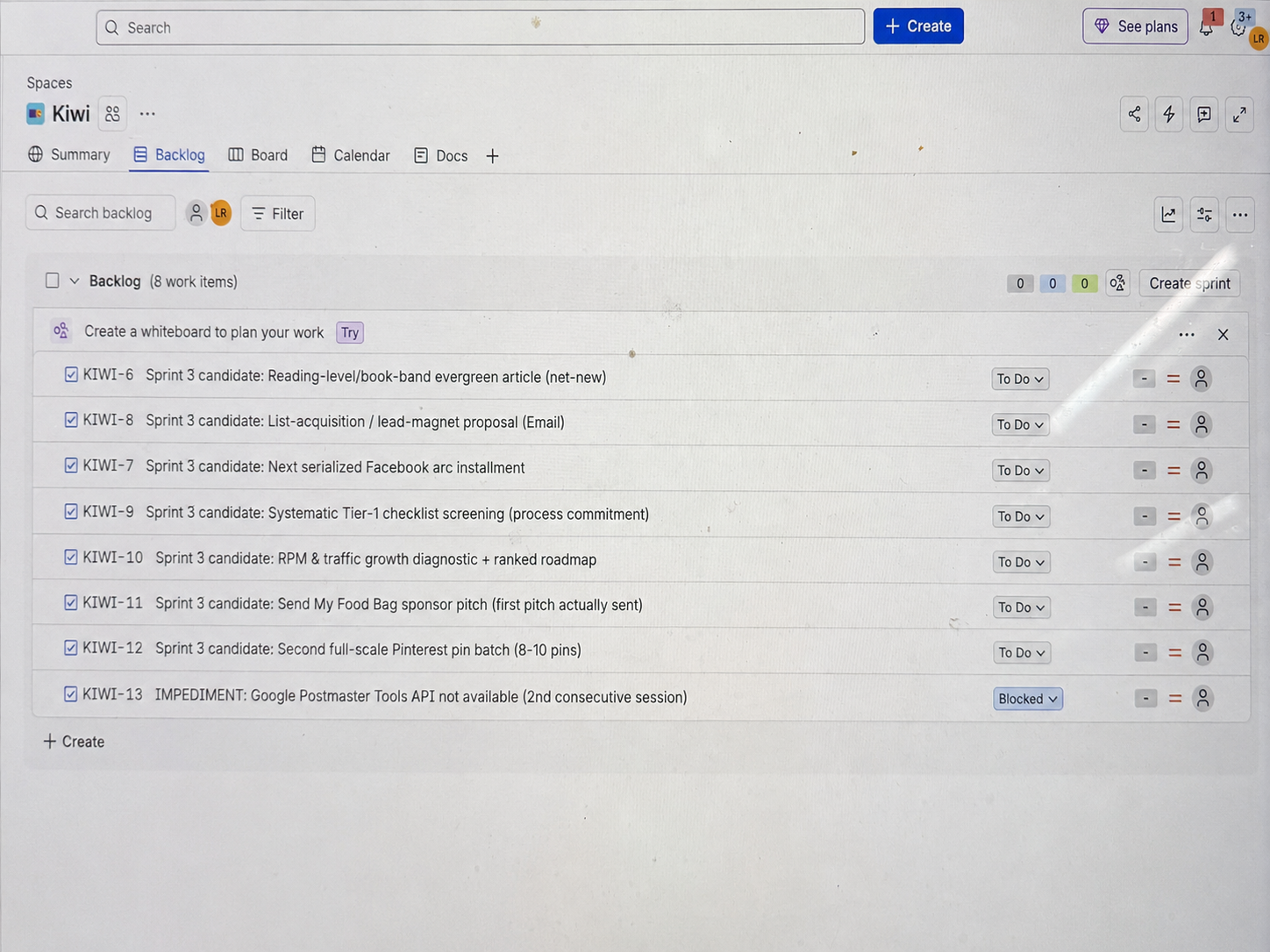 Jira backlog showing eight Sprint 3 work items, including one blocked impediment