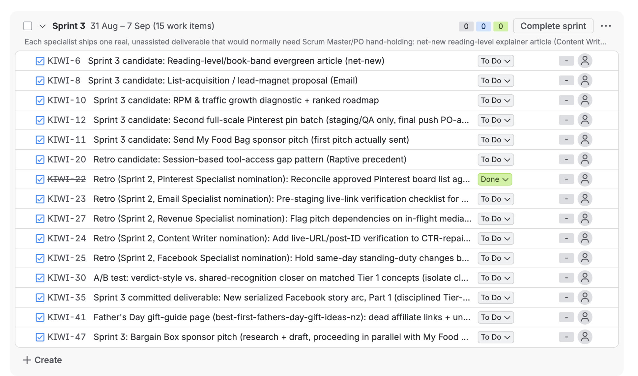 Jira Sprint 3 board showing 15 committed work items across specialist deliverables and retrospective actions